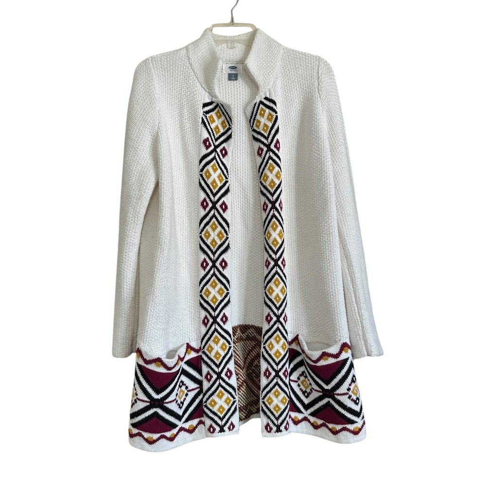 Old Navy Women's White Geometric Pattern Open Front Cardigan Sweater Sz M Aztec‎